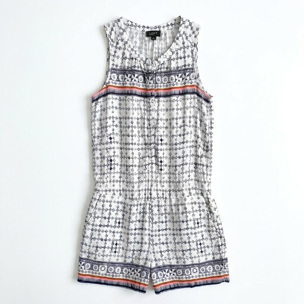 LOFT Linen Blend Antique Tile Romper White Cinch Waist Sleeveless Womens XXS 2XS